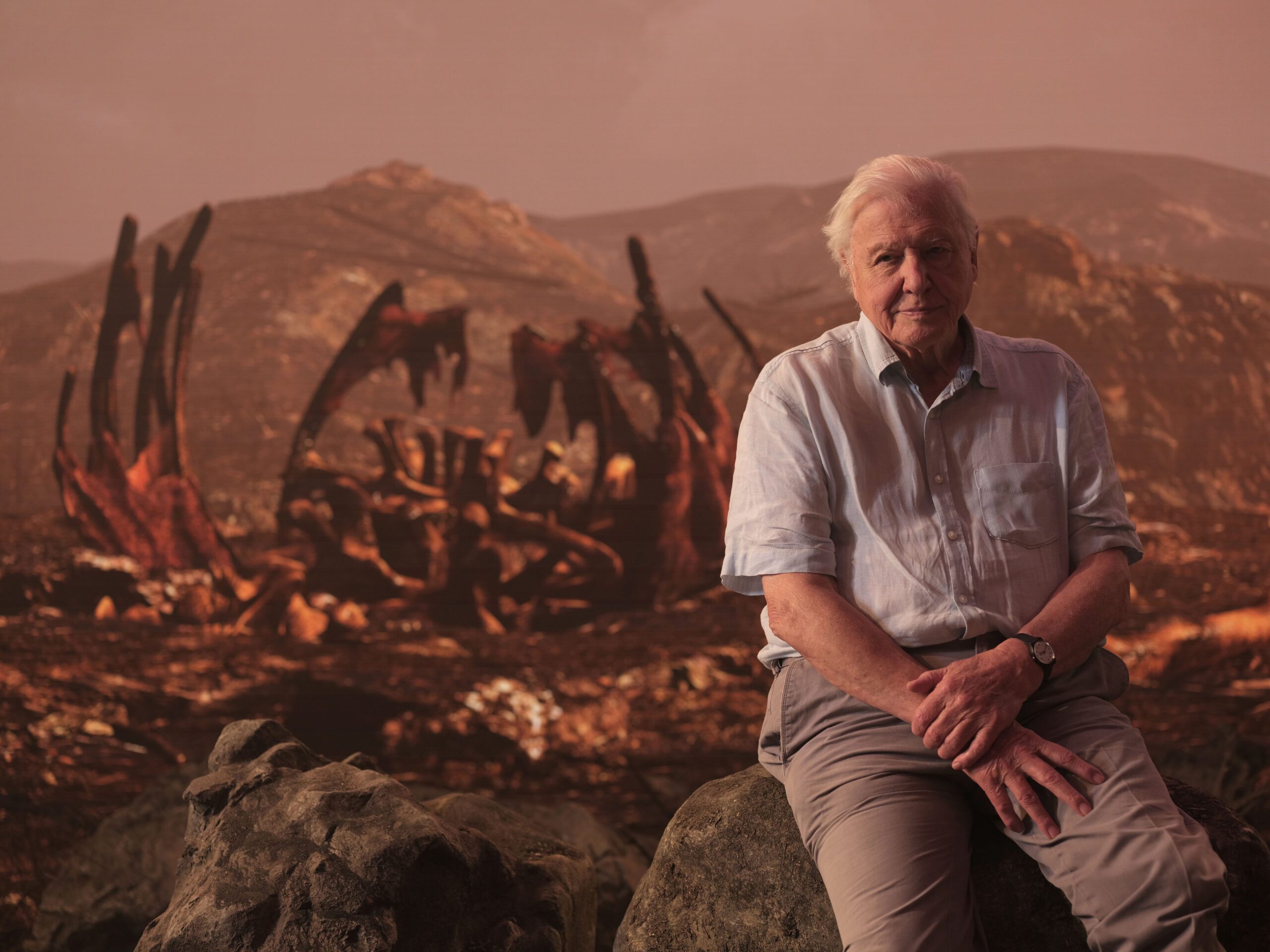 Sir David Attenborough David Attenborough in Virtual studio with a post impact landscape. London,Sir David Attenborough,15-04-2022,15