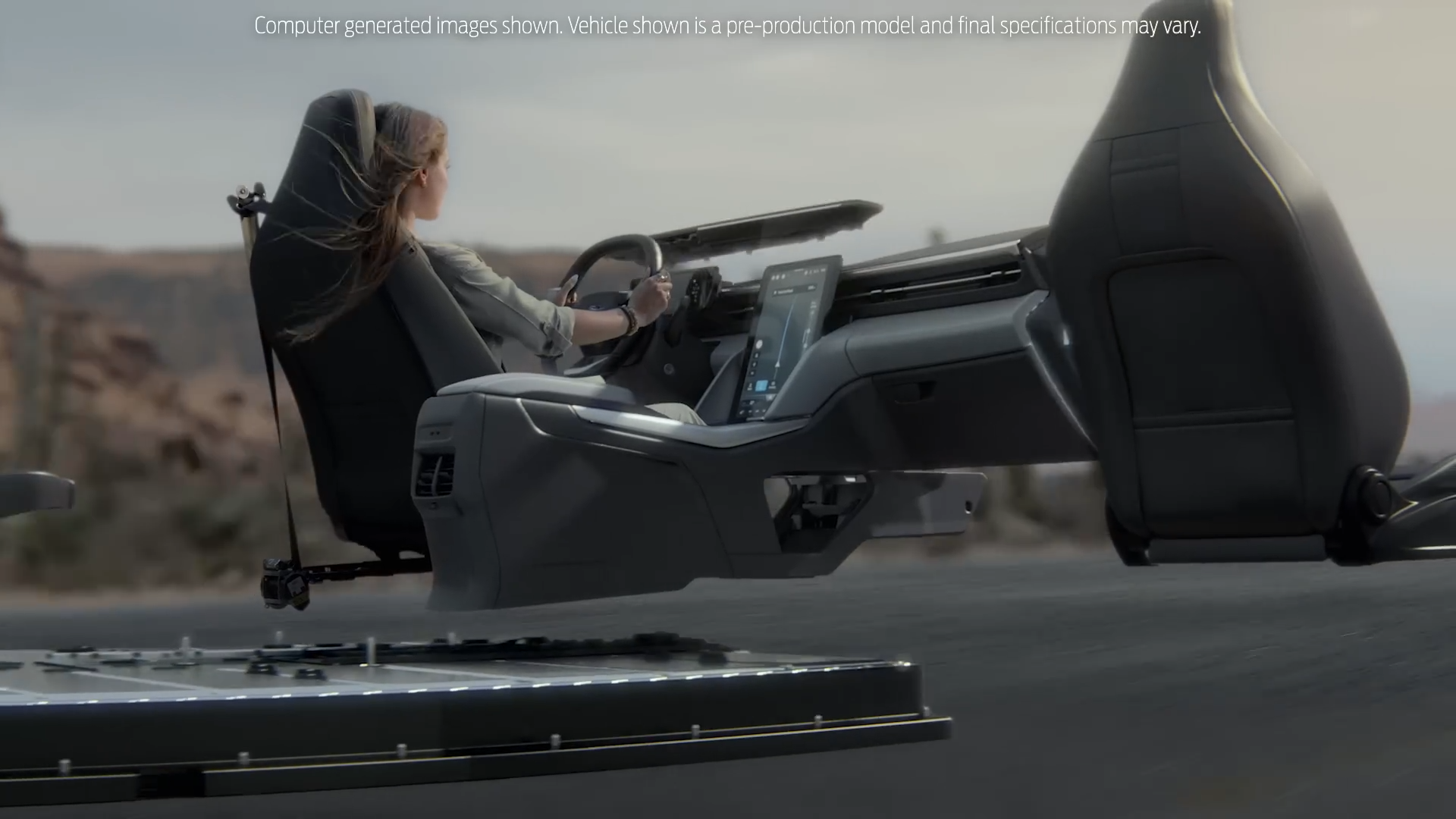 a woman sitting in a futuristic car with the driver facing forward